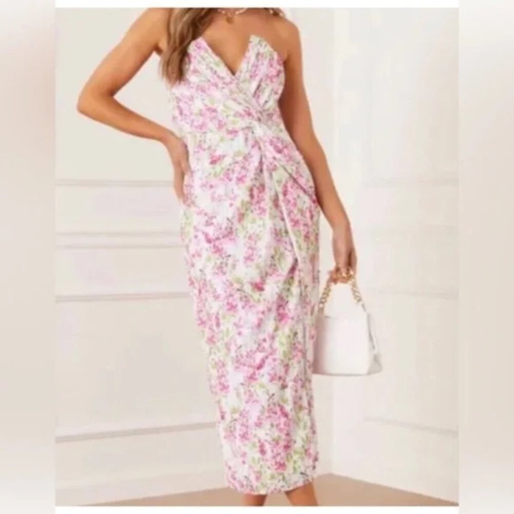 Dee Elly pink floral strapless corset Bodice twist lined midi dress sz S